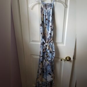 Light Blue Floral Maxi Dress with Tie Waist
